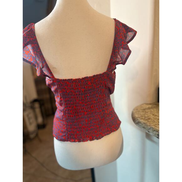 Chelsea & Violet Orange/Blue Polka Dot Blouse Button Down Ruffled Tank Top Sz LG - Picture 2 of 4